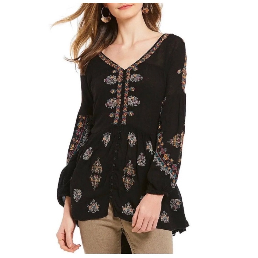 Free People Embroidered V-Neck Button Front Boho Tunic Top Black XS